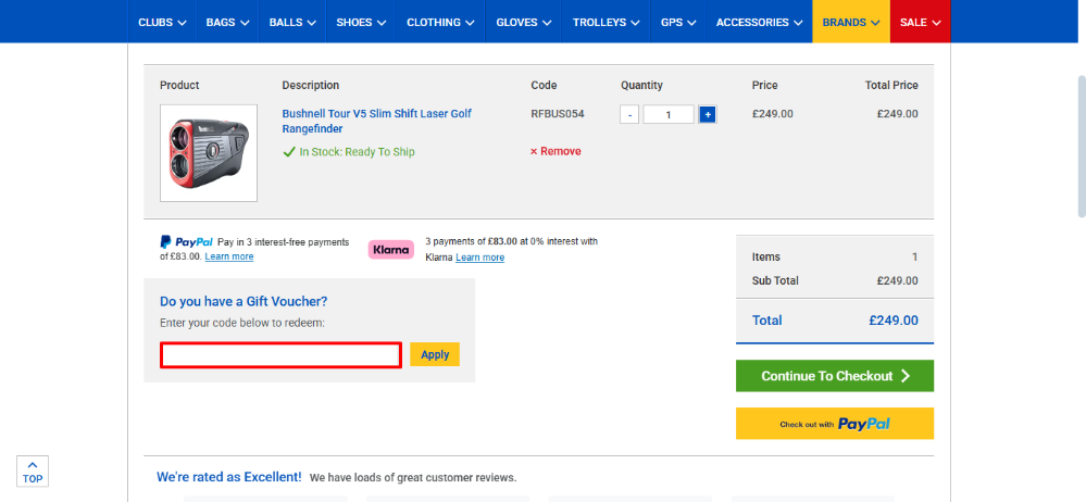 Clubhouse Golf shopping basket where you can apply your Clubhouse Golf discount code