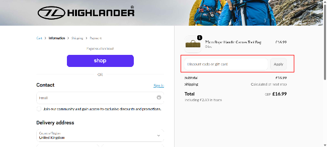 The checkout page showing where to apply your discount code