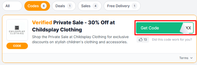 The Love Discount Vouchers page shows Childsplay Clothing UK promo codes and offers to use on your purchase