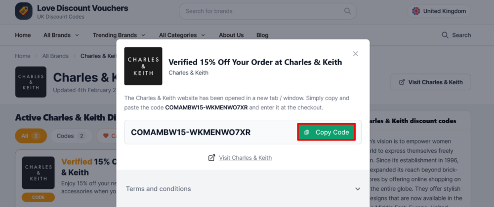 Charles & Keith Love Discount Vouchers page where a code is copied