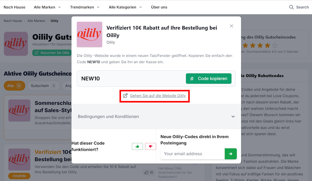 Ein offener Oilily Gutscheincode mit einem rotmarkierten Link