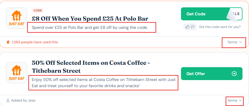 Example image of a Just Eat code and offer and the minimum requirements with red boxes around it and the terms