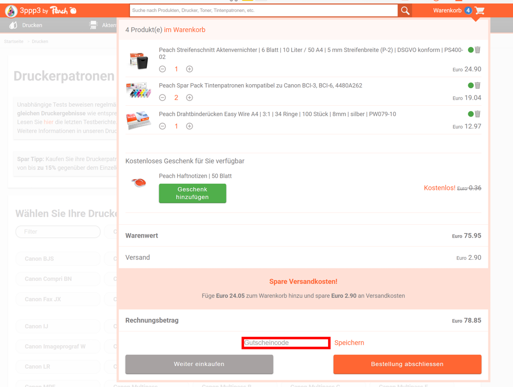 Offener Warenkorb von 3ppp3 in dessen Online-Shop mit einem rotmarkierten Eingabefeld für Rabattcodes