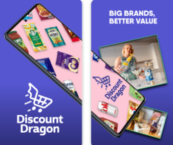The Discount Dragon app displayed on a phone screen and the grachic is divided into two sections