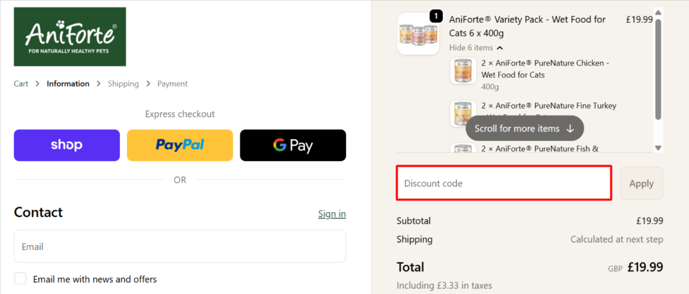The AniForte checkout page with where to paste the AniForte voucher code in a red box
