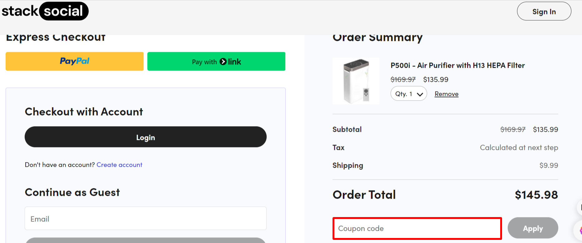 The StackSocial checkout page showing where to add your active discount code