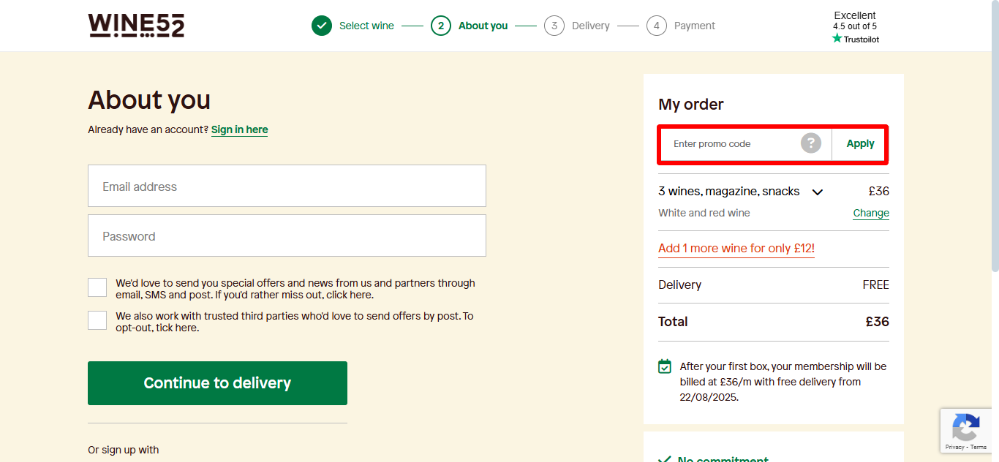 Beer52 about you page where you apply your Beer52 promo code