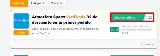 botón verde de código de 3 euros de descuento de atmosfera sport
