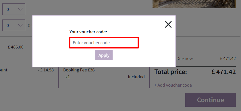 The Cotswolds Hideaways booking confirmation page with where to paste the Cotswolds Hideaways voucher code in a red box