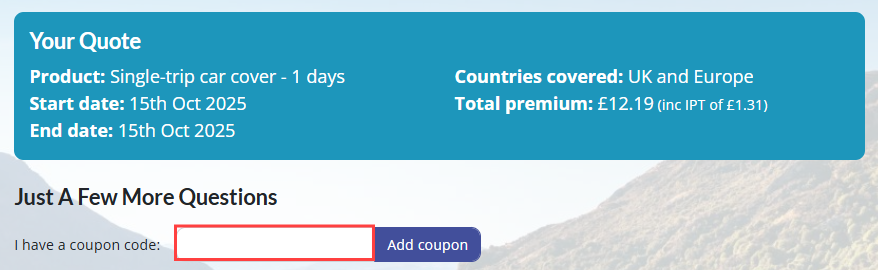 The Reduce My Excess payment page with where to paste the Reduce My Excess coupon code in a red box.