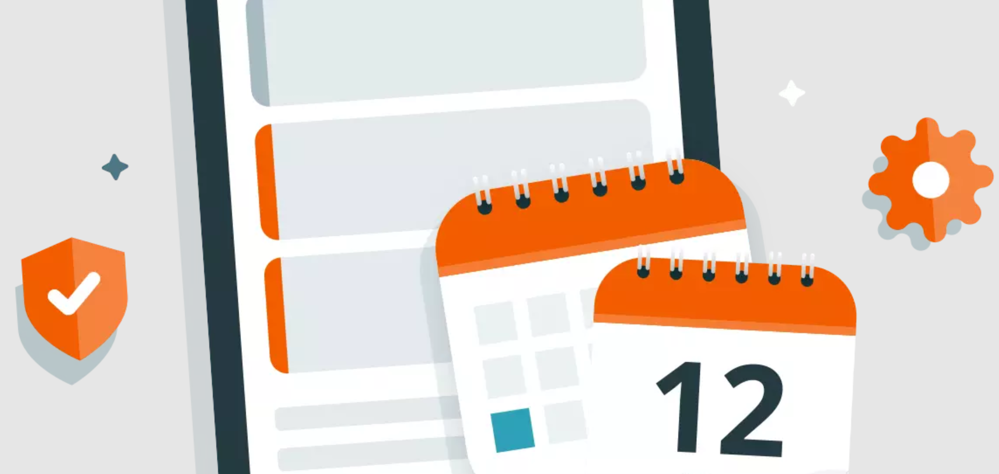 Grafik von Kalendern, Symbolen und eines Smartphone-Screens