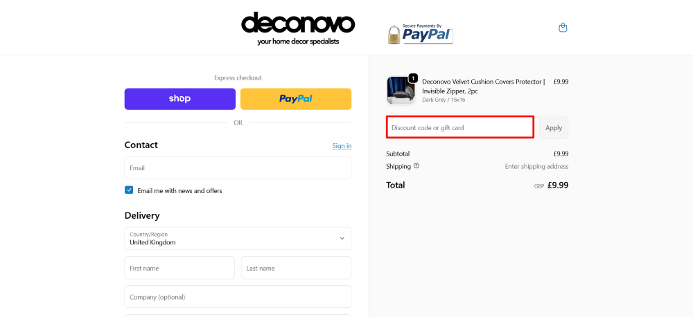 Deconovo checkout page where you paste a code