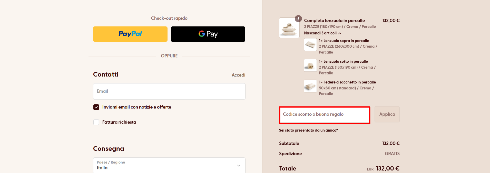 carrello del sito ufficiale Dalfilo dove poter inserire il codice sconto Dalfilo
