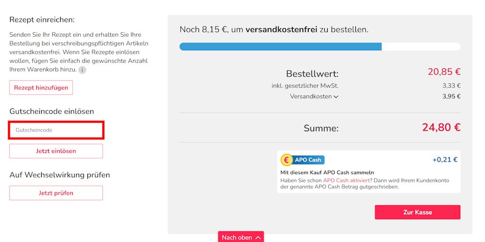 Warenkorb von APONEO mit einem markiertem Eingabefeld für einen Gutscheincode
