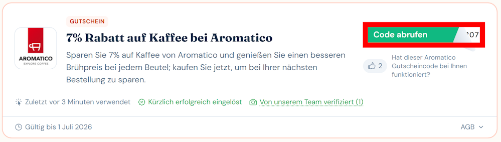 Angaben zu einem Gutschein von Aromatico mit rotmarkiertem grünen Button