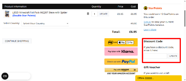 FireStar Toys highlighted voucher code box with basket items