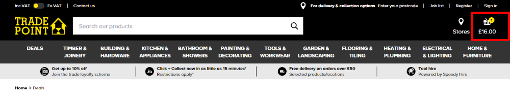 B&Q Tradepoint website displaying all shopping categories and a red box around the virtual shopping cart