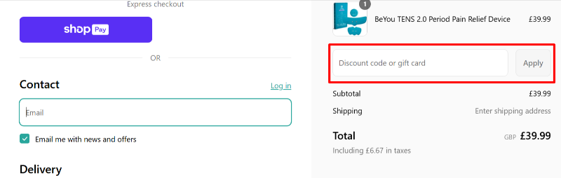 A box where you can add your BeYou discount code to redeem it