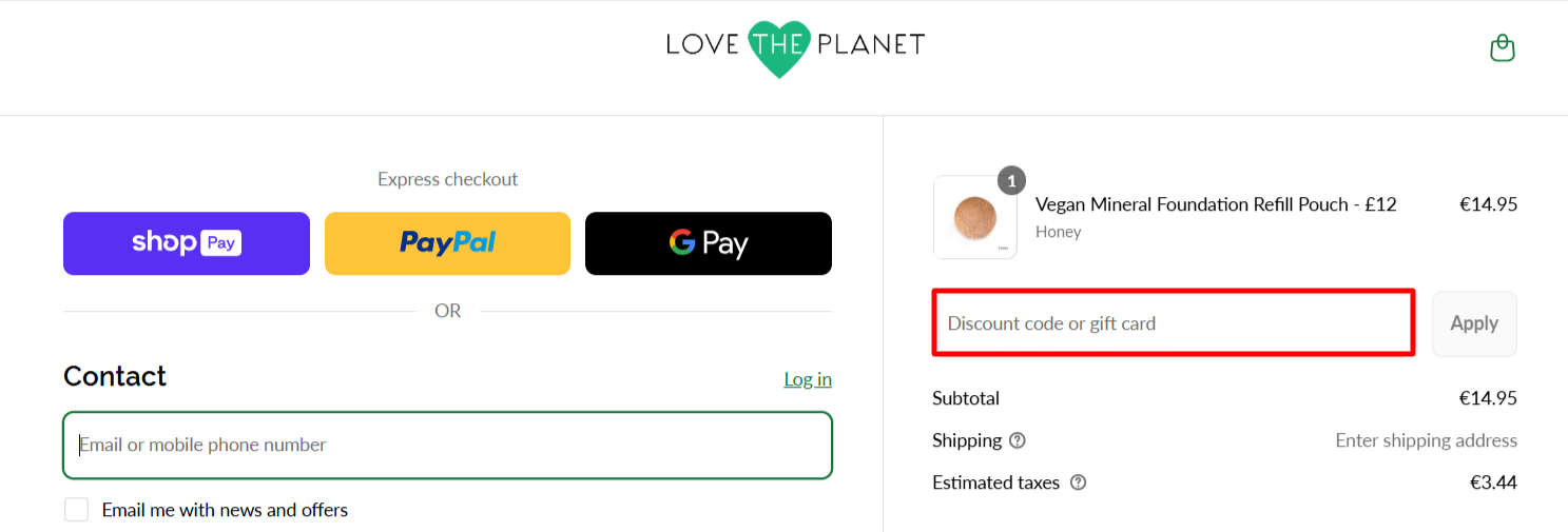 The Love The Planet checkout page with the discount code box highlighted in red