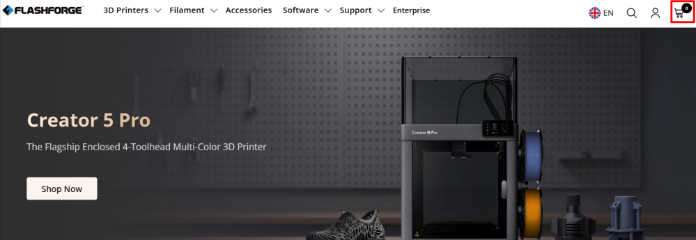 The Flashforge website and different shopping categories