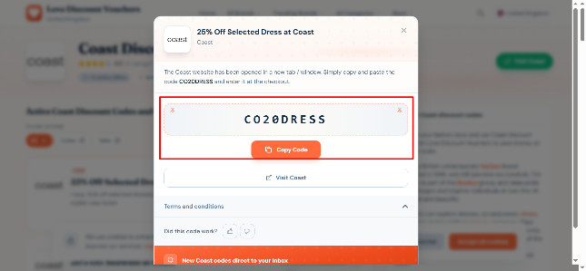 Highlighted in a red box is the link that automatically takes you to the Coast website