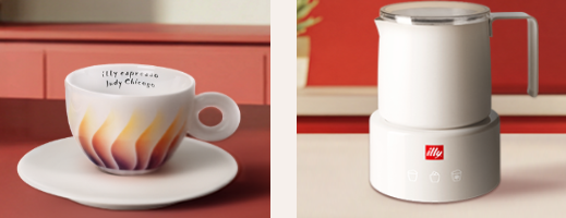 An illy espresso cup and saucer on the right