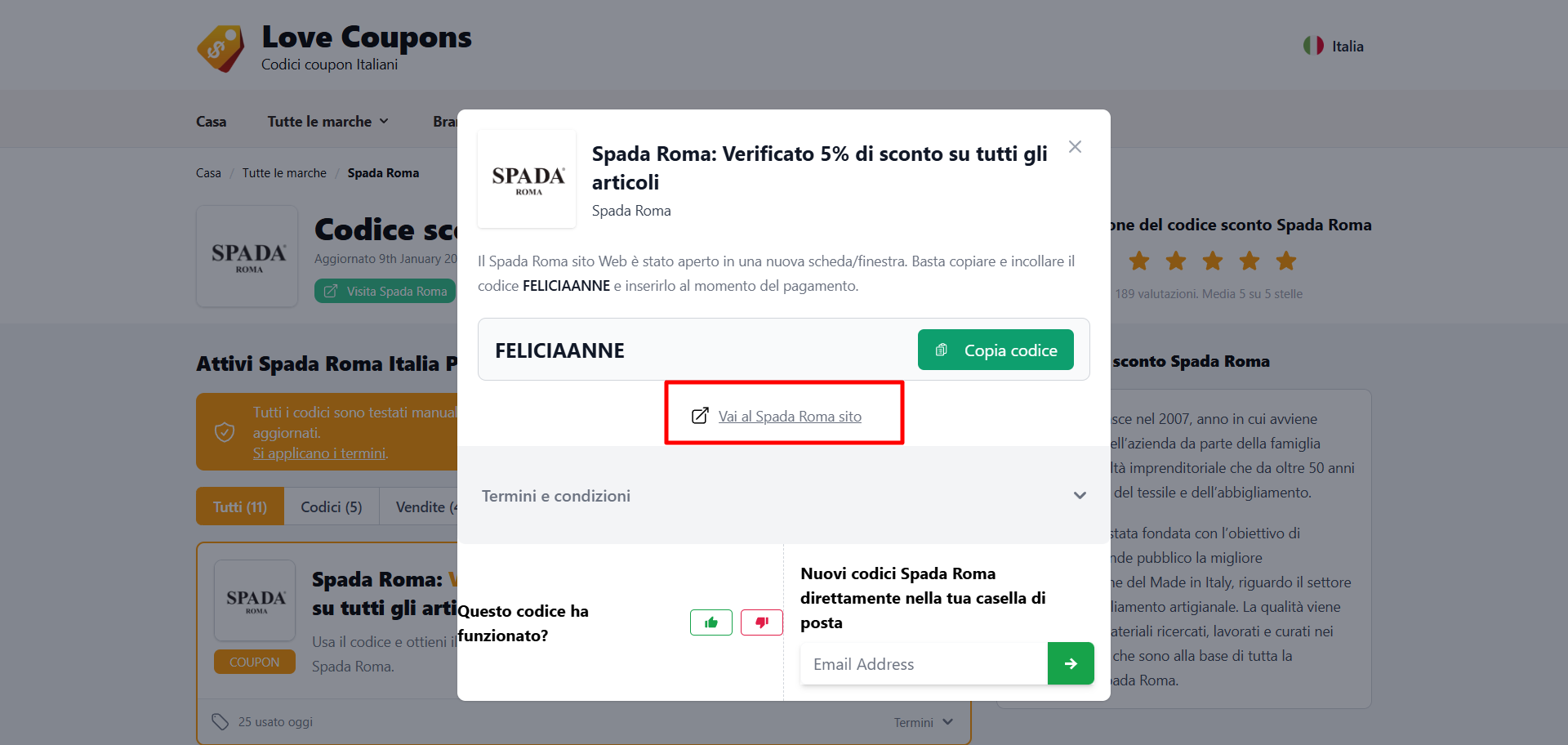 collegamento diretto al sito ufficiale Spada Roma in cui inserire un codice sconto Spada Roma