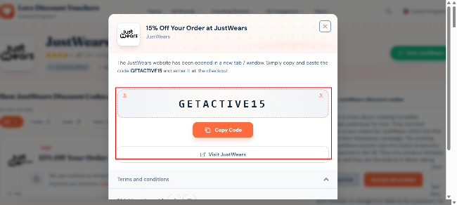 revealed 15% code on your next purchase at JustWears and refresh your wardrobe