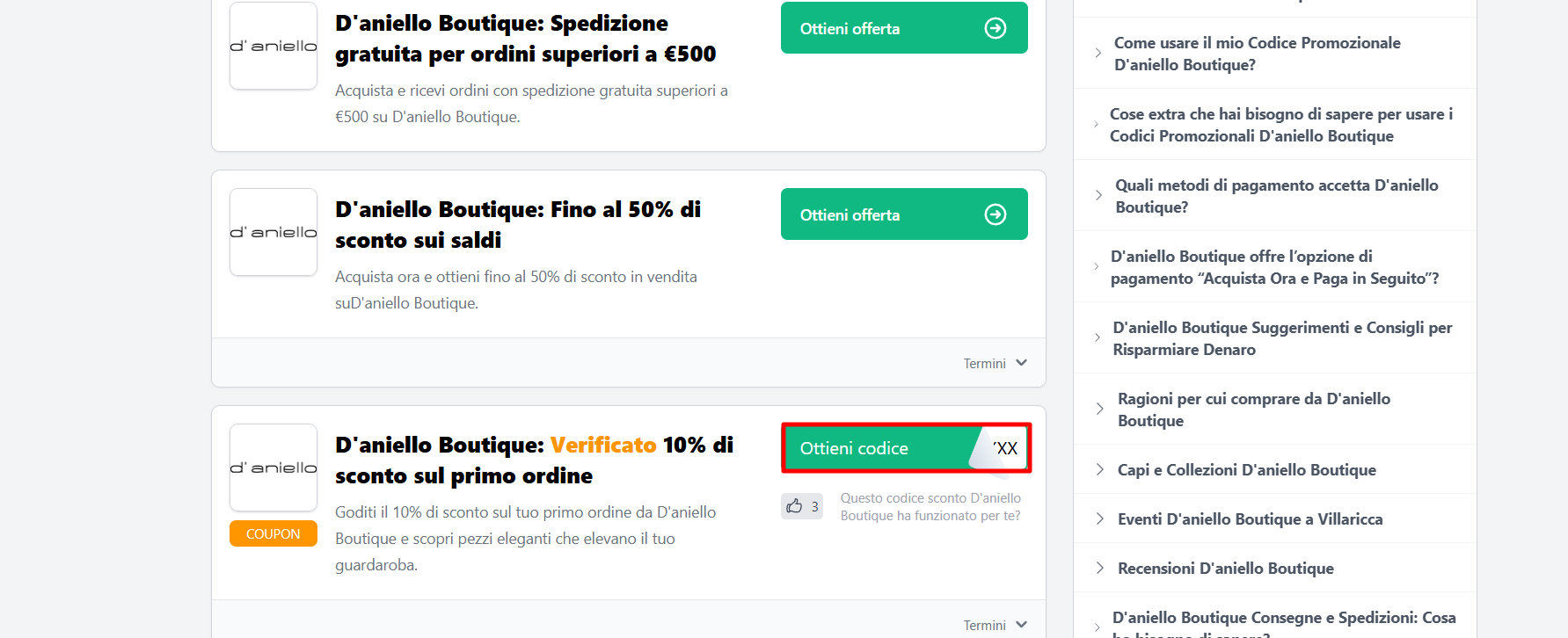 codice sconto D'aniello Boutique da poter prelevare e utilizzare direttamente nel sito ufficiale D'aniello Boutique