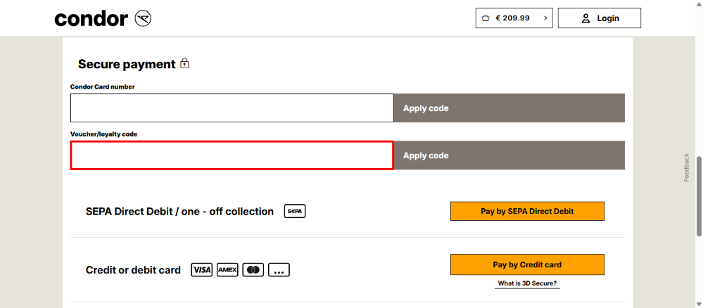 Condor promo code box shown by a red box