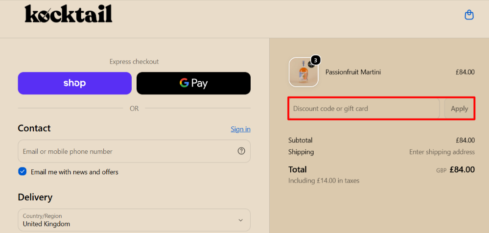 Applying a Kocktail discount code on Kocktail