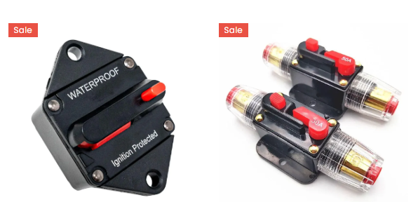 Panel-Mounted Waterproof DC Circuit Breaker and an In-Line Circuit Breaker Battery