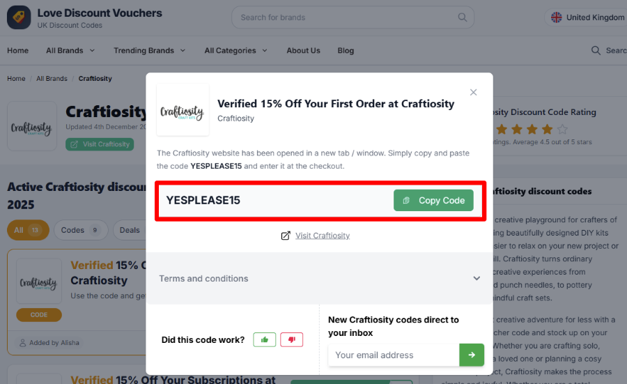Copy your code and visit Craftiosity website to start shopping