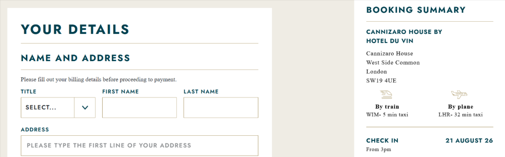 The checkout page with the booking details