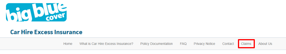 The Big Blue Cover Car Hire Excess Insurance homepage with "Claims" in a red box.