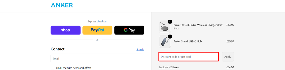 The Anker checkout page, discount code box highlighted with a red box and the payment options