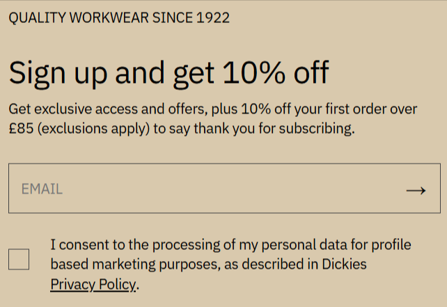 The Dickies newsletter sign up page.