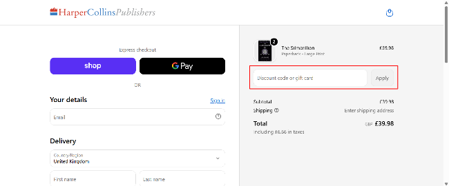 highlighted red box where customers can enter their HarperCollins discount code