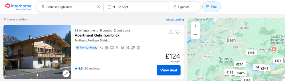 Browsing holiday home options on the Interhome booking page