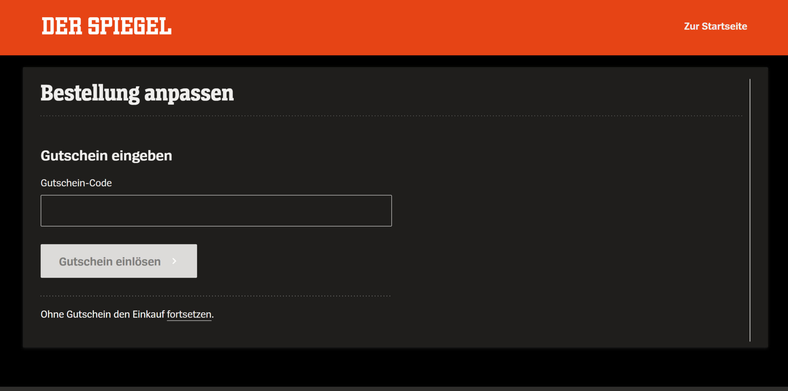 Eingabfeld auf Der Spiegel Seite für einen Gutscheincode