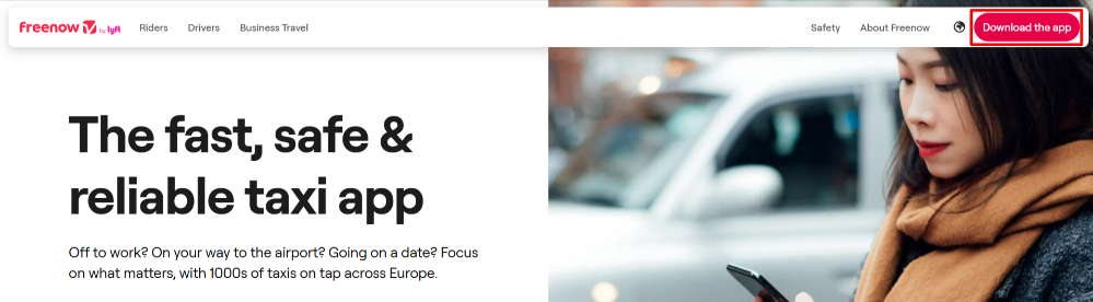 The FREE NOW website homepage and the download the app button highlighted with a red box.