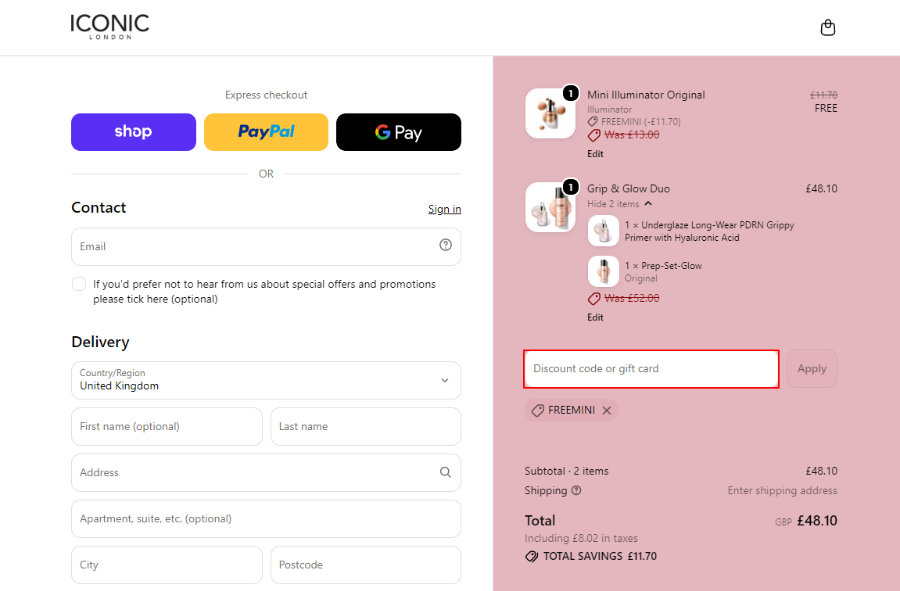 The brand checkout page with where to add the ICONIC London promo code highlighted with a red box