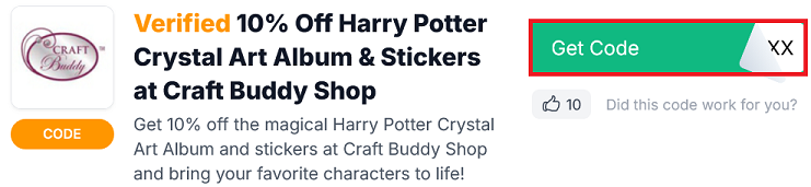 image showing the "Get Code" button next to the Craft Buddy Shop discount code