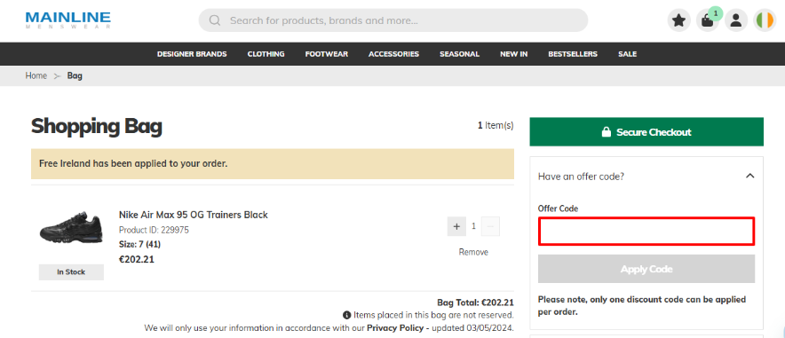 Mainline discount code place in the shopping bag