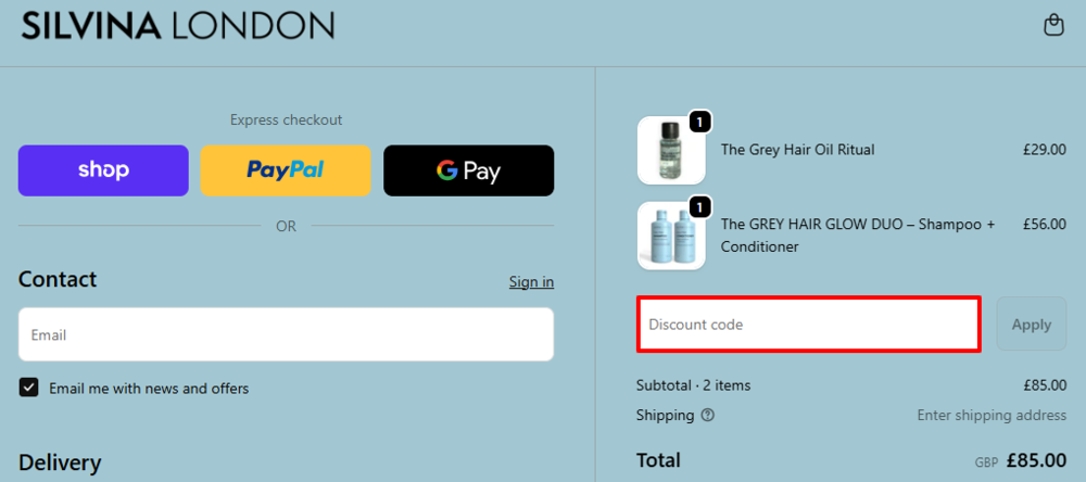 The Silvina LONDON checkout page with where to paste the Silvina LONDON voucher code in a red box.