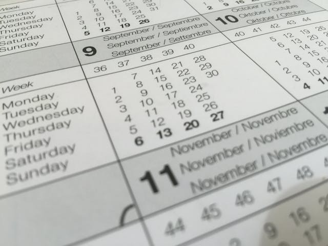 A calendar showing the months of the year including September, October and November.