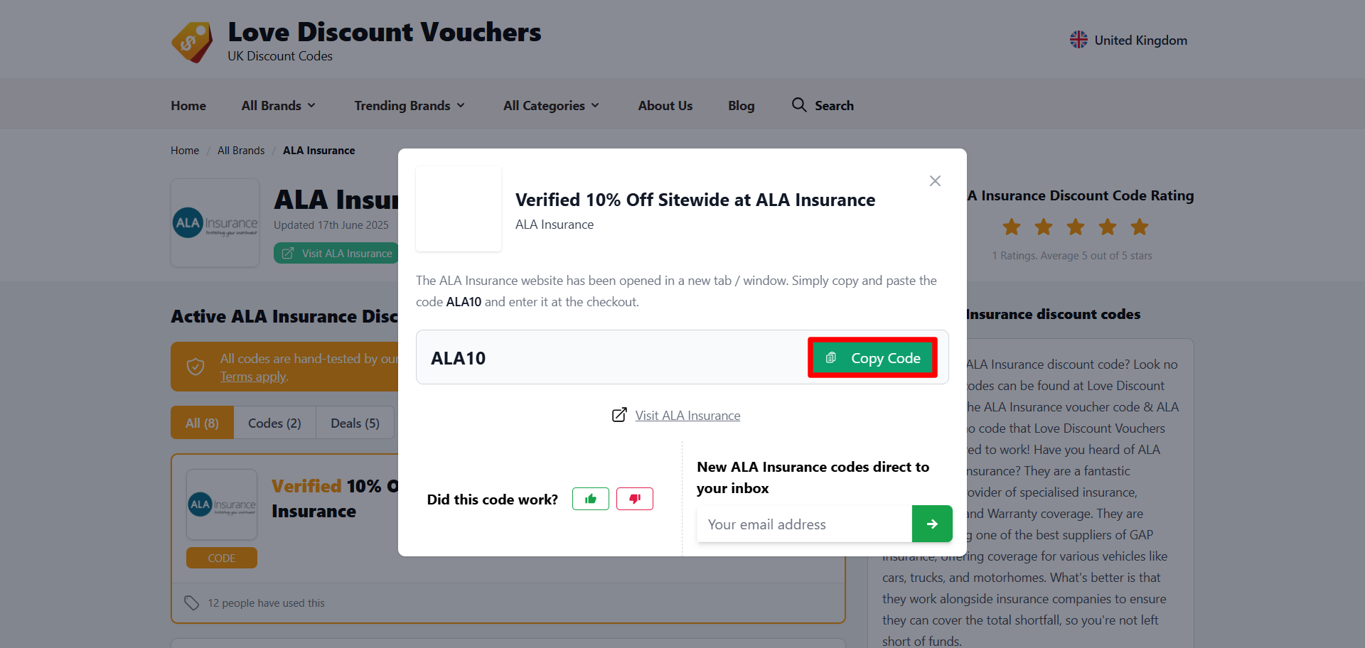 A pop-up displaying an ALA Insurance discount code and its terms and conditions