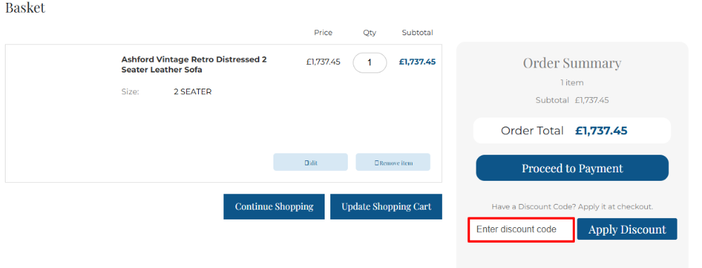 Chesterfield Sofas shopping cart that shows where you can apply your Chesterfield Sofas discount code