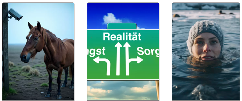 Drei Bilder, mit einem Pferd, einem Straßenschild und einer Frau im Wasser