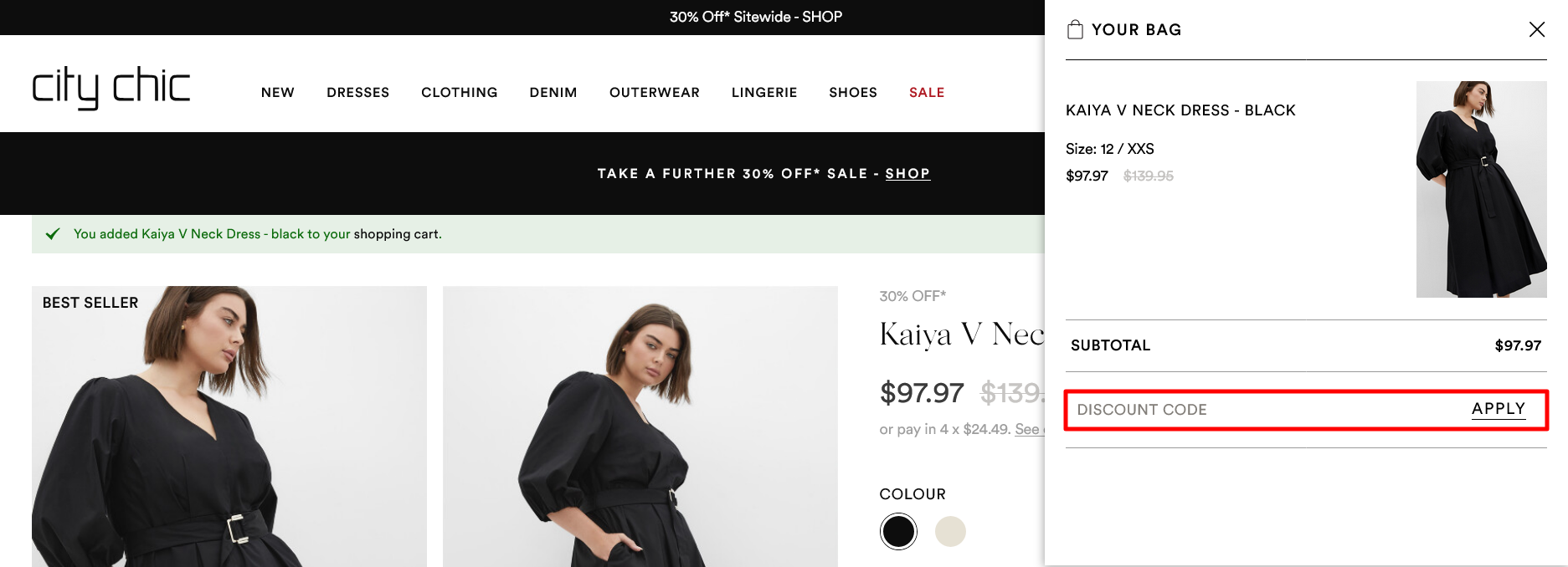 City Chic checkout page where to enter your code